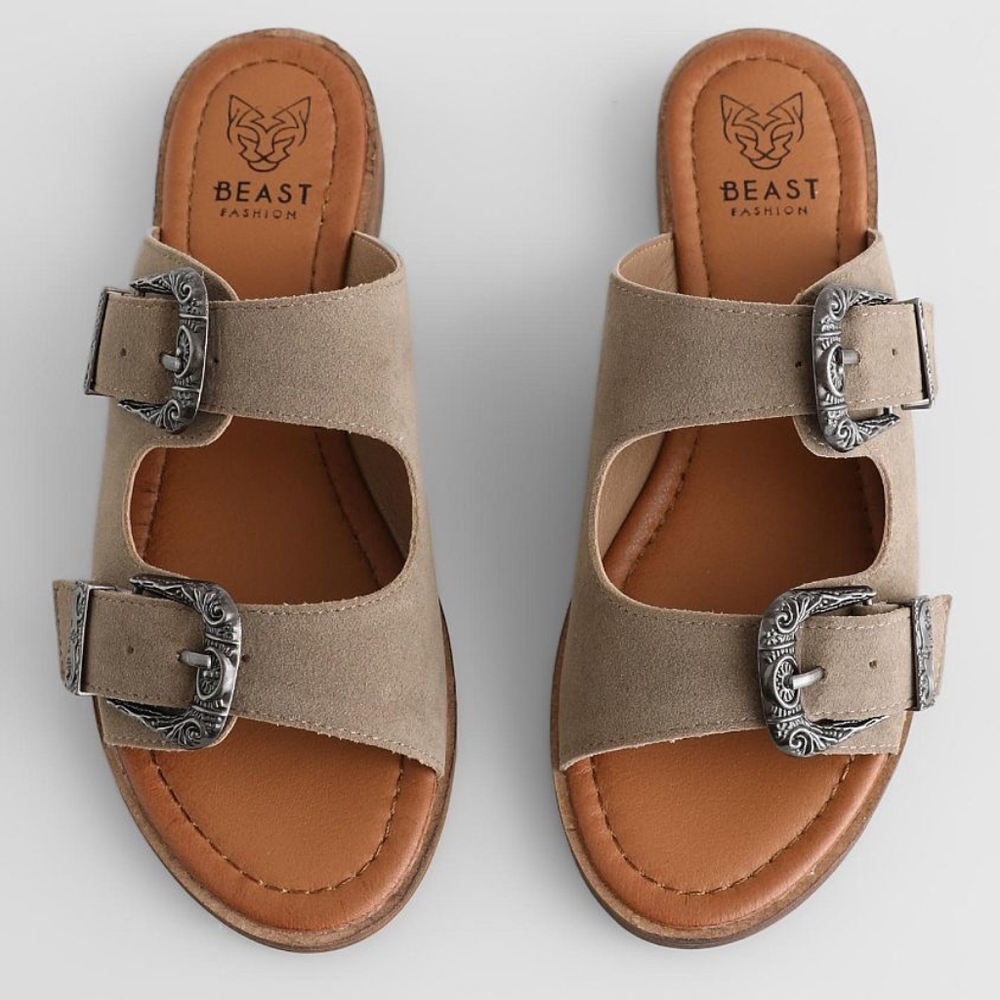 BEAST FASHION Taupe Suede Double-Buckle Slide Sandals